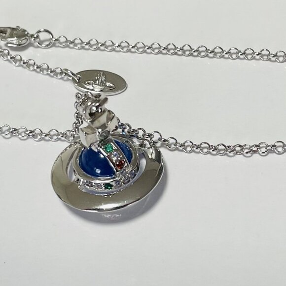 New Silver Vivienne Westwood Glacier Blue Saturn Orb Long chain Necklace - Picture 1 of 7